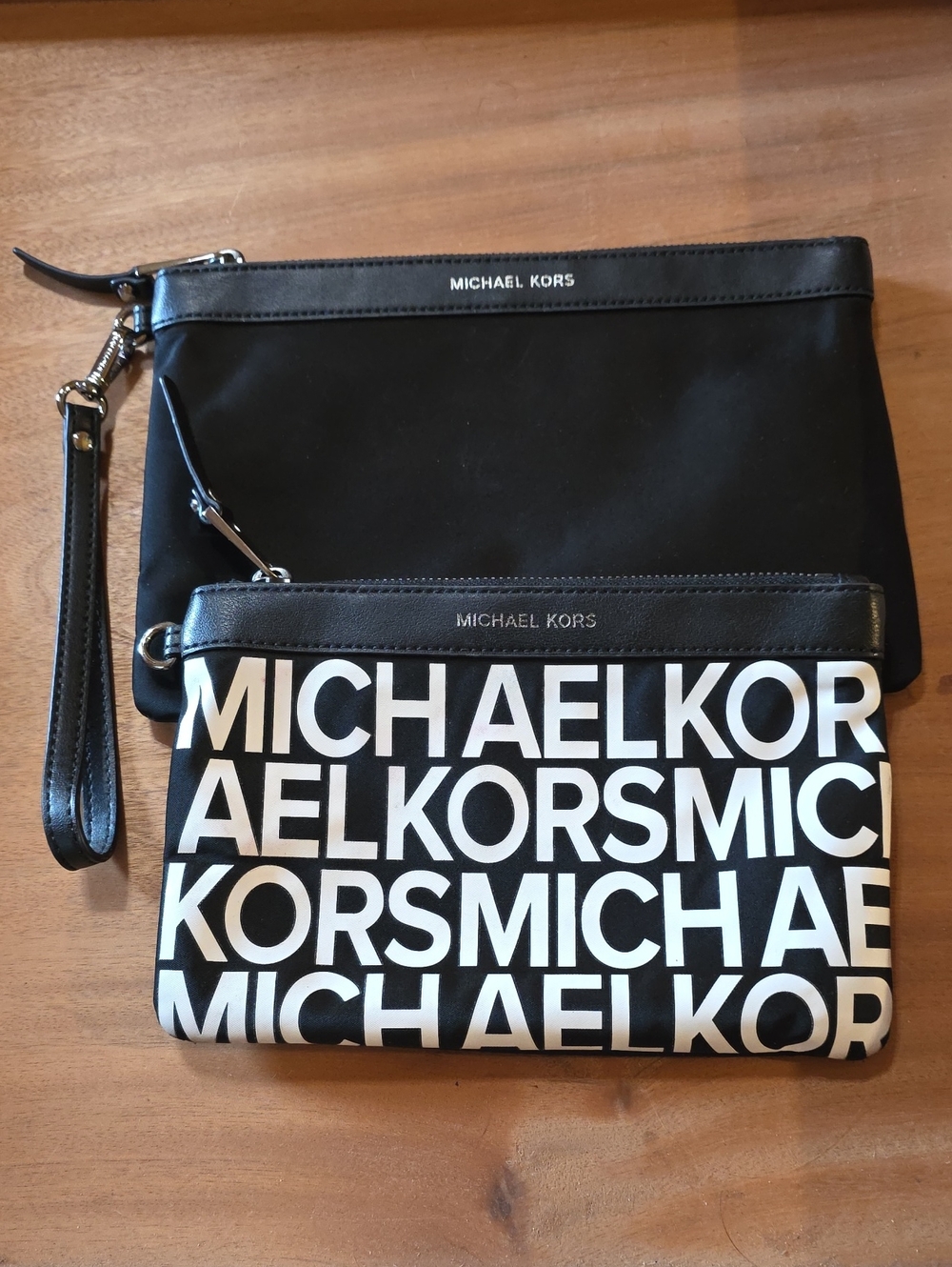 Michael Kors Nylon & Leather Trim Convertible Wristlet Pouch Set Black White Log